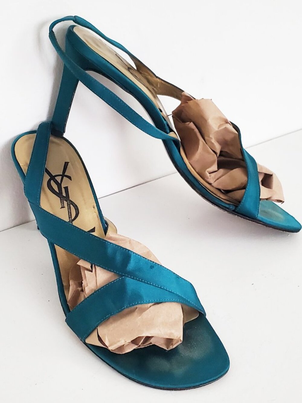 Yves Saint Laurent Vintage Teal Satin Heels Size 8.5
